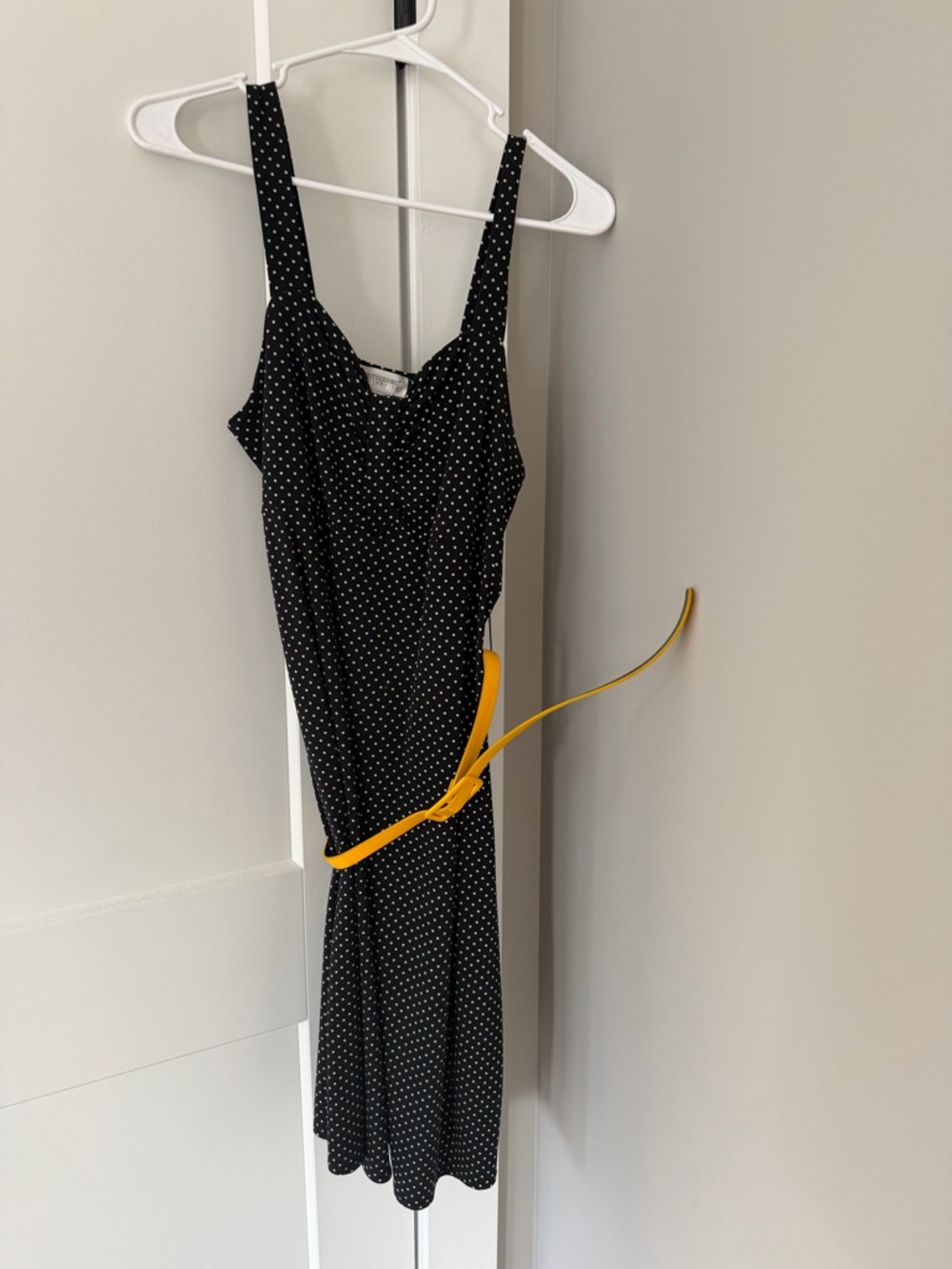 Motherhood Black and White Polka Dot Midi Dress with Yellow Belt